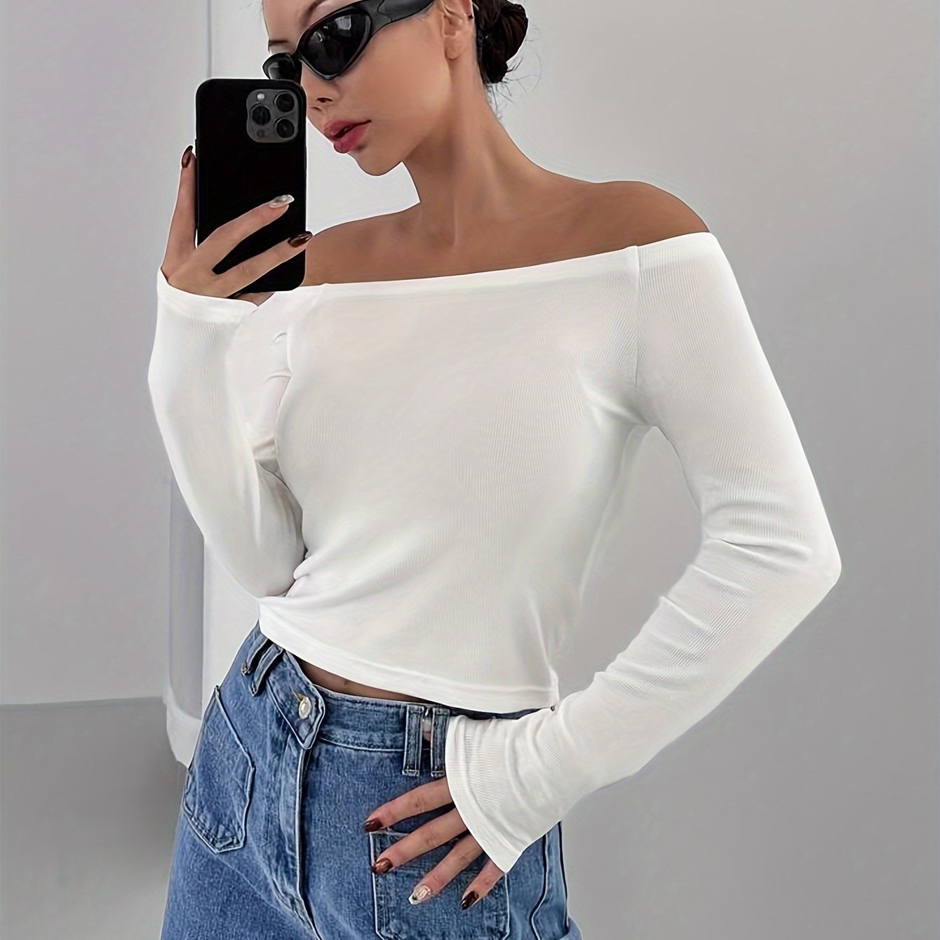 Sixsr Solid Off Shoulder T-Shirt, Casual Slim Long Sleeve Top For Spring & Fall, Women's Clothing