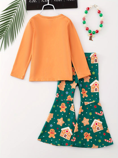 1set Festive Christmas Gingerbread Girl Flared Pants Outfit, Long Sleeve Round Neck Top with "Cuter Than a Christmas Cookie" Print, Casual Knit Polyester Spandex Blend, Stretchy Holiday Set for Kids, for Outdoor