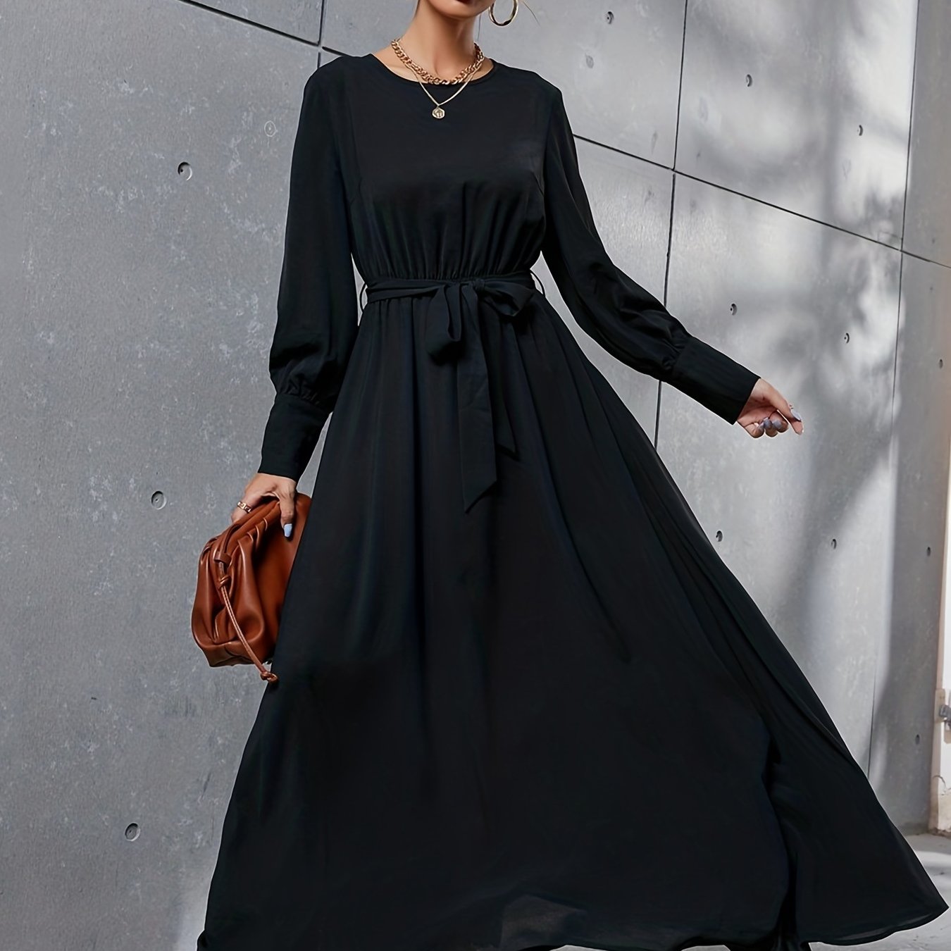 Sixsr Solid Simple Dress, Elegant Crew Neck Long Sleeve Maxi Dress, Women's Clothing