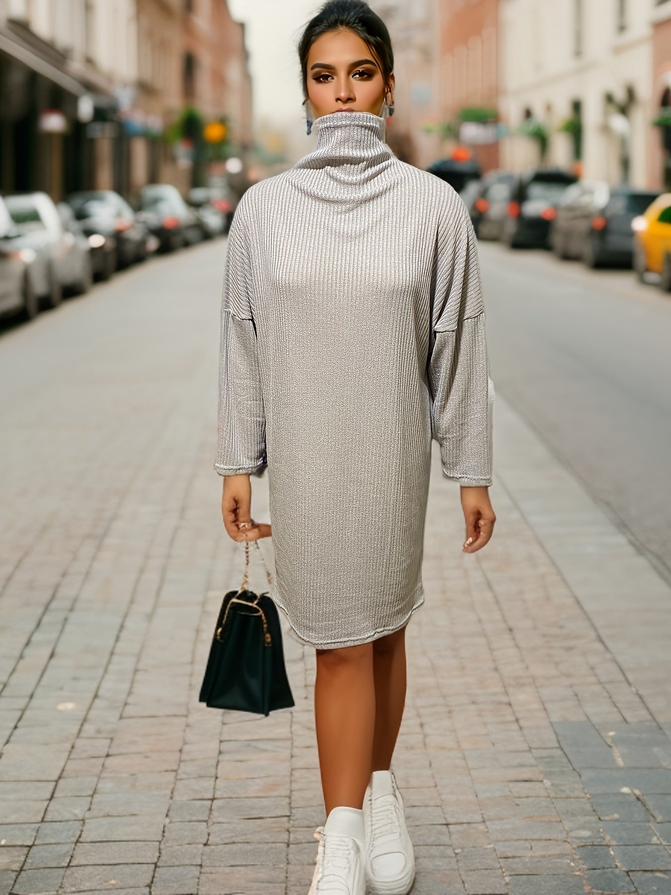 Sixsr Solid Mock Neck Sweater Dress, Casual Long Sleeve Dress, Women's Clothing