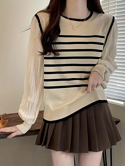 Women's Striped Knit Sweater - Comfortable and Versatile Crew Neck Sleeve Sweater