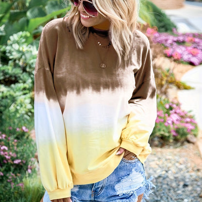 Gradient Tie Dye T-Shirt, Long Sleeve Crew Neck Casual Top For Spring & Fall, Women's Clothing