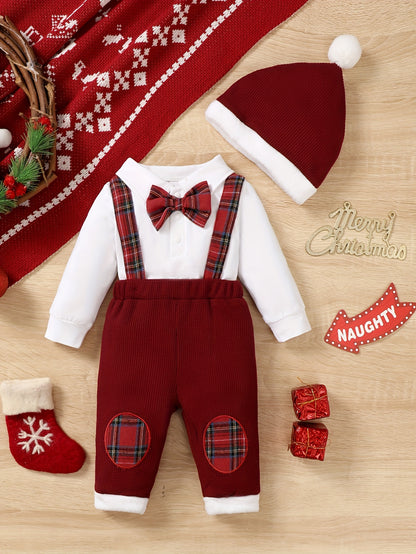 2pcs Infant Boys' Christmas Outfit Set – Long Sleeve Comfy Cotton Onesie + Plaid Suspender Pants + Christmas Hat, Cute Set For Fall/Winter