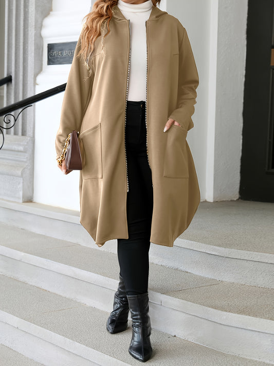 Sixsr Plus Size Casual Coat, Women's Plus Solid Zipper Long Sleeve Slight Stretch Hooded Oversized Coat With Pockets