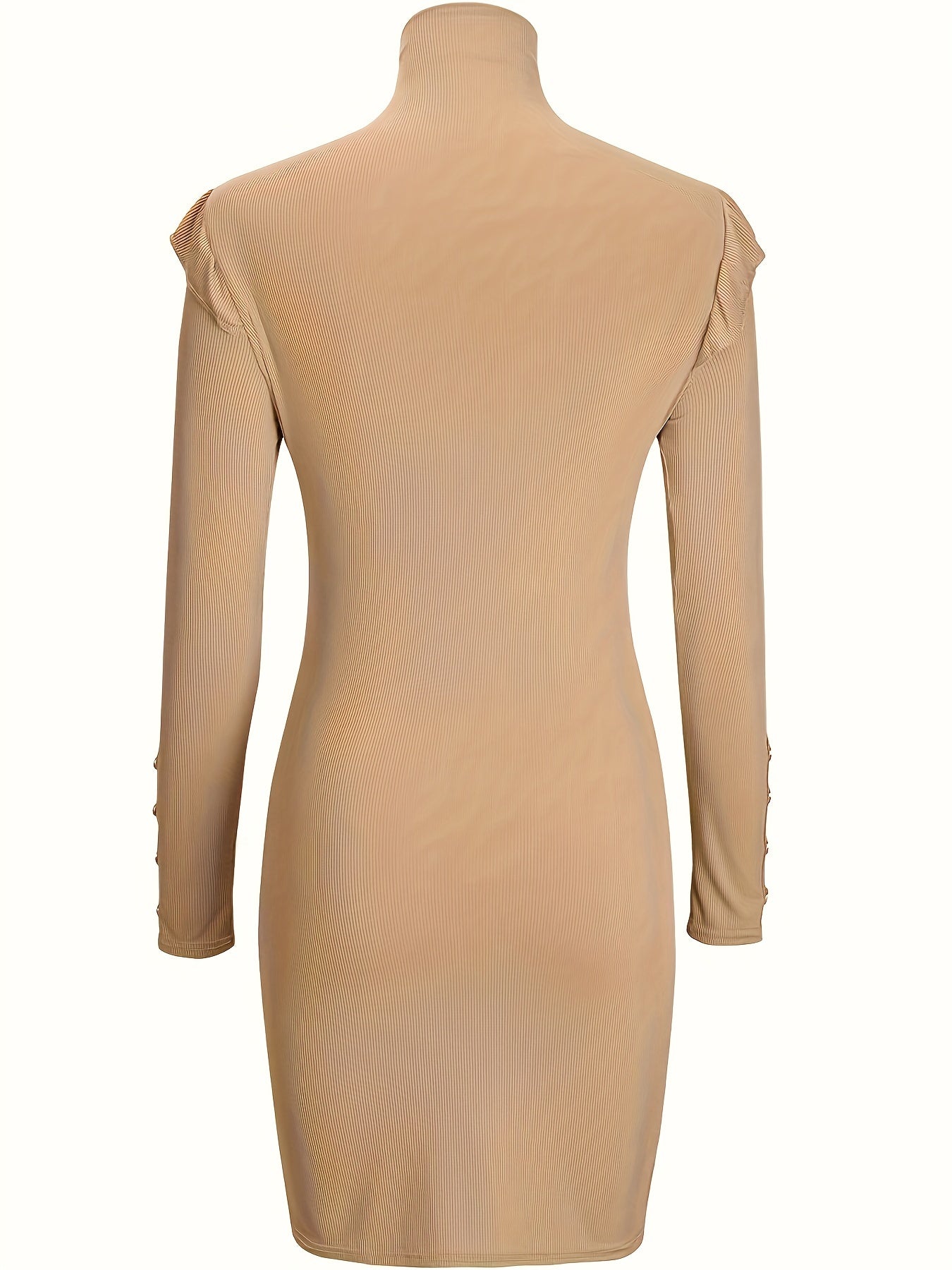 Sixsr Ruffle Trim Bodycon Dress, Elegant Solid Long Sleeve Mock Neck Dress, Women's Clothing