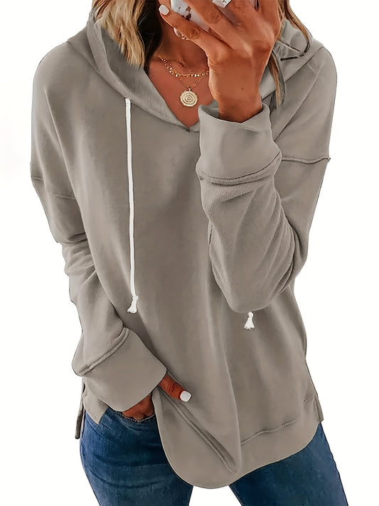 Sixsr Solid Split Side Hoodie, Casual Long Sleeve Drawstring Hoodies Sweatshirt, Women's Clothing