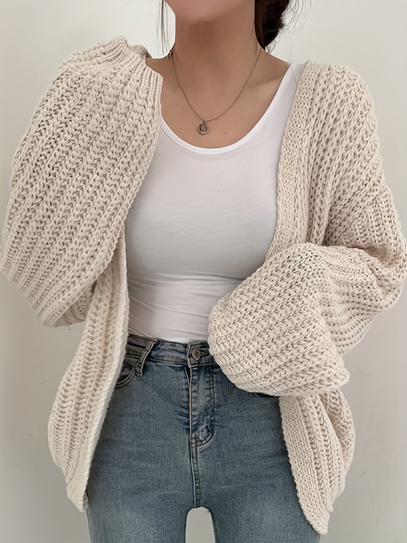 Sixsr Solid Open Front Knit Cardigan, Casual Long Sleeve Loose Slouchy Sweater, Women's Clothing