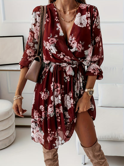 Floral Print Split Hem A-line Dress, Vintage V Neck Long Sleeve Dress, Women's Clothing