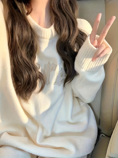 Sixsr Letter Pattern Crew Neck Pullover Sweater, Casual Long Sleeve Loose Slouchy Sweater, Women's Clothing