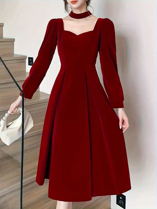 Sixsr Tucked Solid Midi Dress, Elegant Long Sleeve Party Dress, Women's Clothing