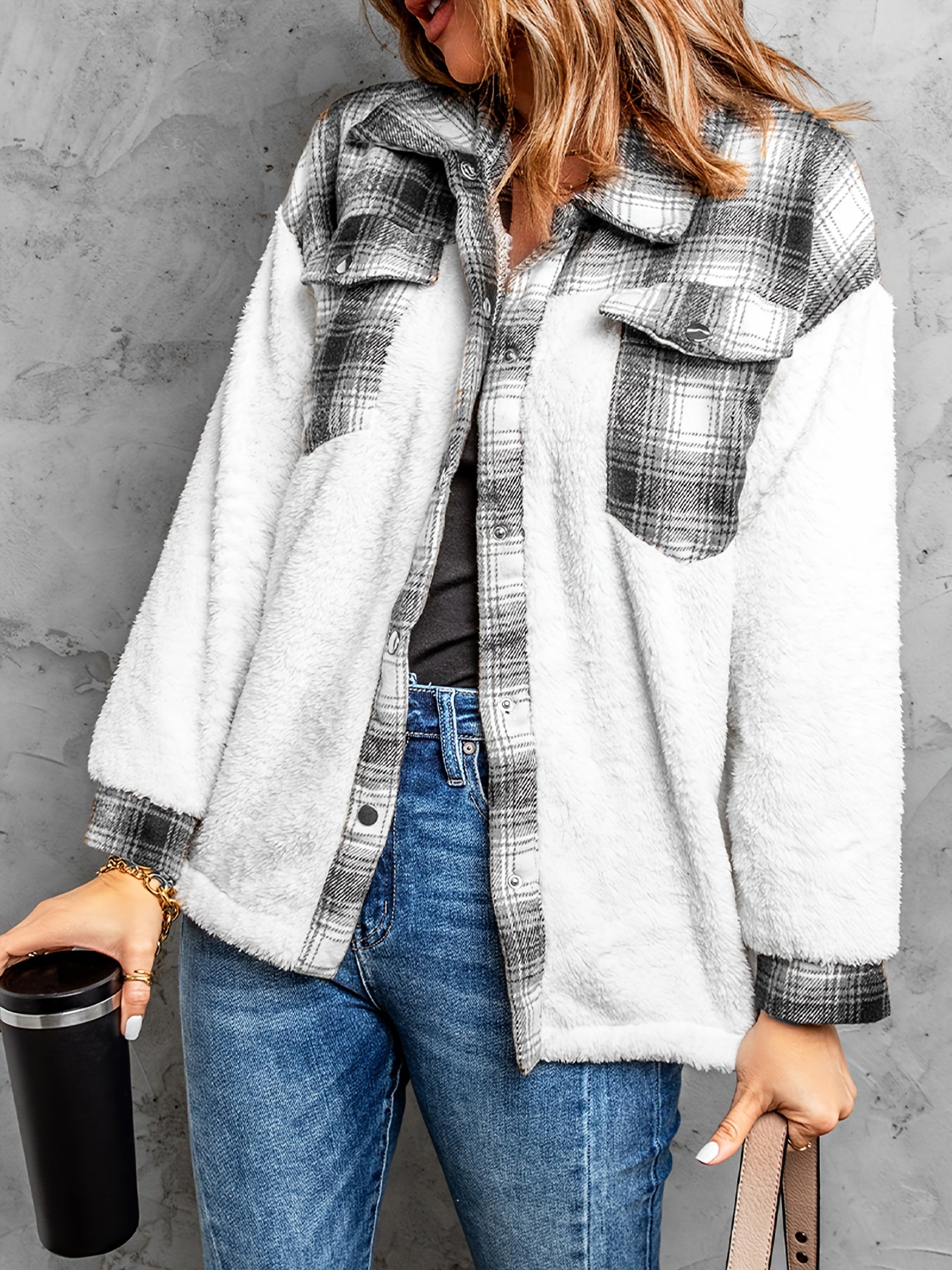 Sixsr Plaid Print Splicing Jacket, Casual Button Front Long Sleeve Outerwear, Women's Clothing