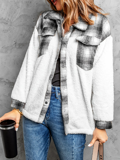 Sixsr Plaid Print Splicing Jacket, Casual Button Front Long Sleeve Outerwear, Women's Clothing
