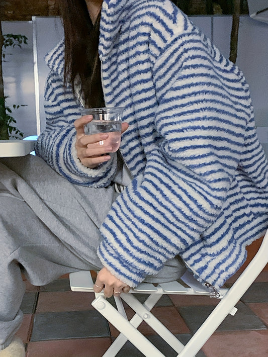 Sixsr Striped Fuzzy Warm Coat, Casual Zip Up Drop Shoulder Outerwear, Women's Clothing