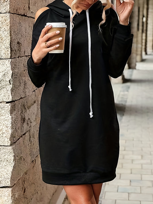 Sixsr Solid Cold Shoulder Drawstring Hooded Dress, Casual Long Sleeve Mini Dress With Pocket, Women's Clothing