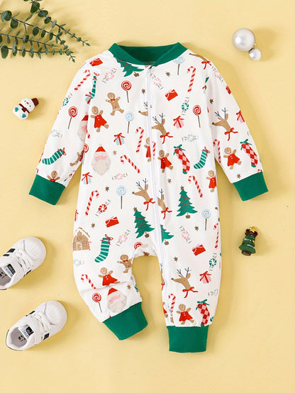 Baby's Cartoon Christmas Element Full Print Casual Long Sleeve Romper, Toddler & Infant Boy's outdoor Bodysuit