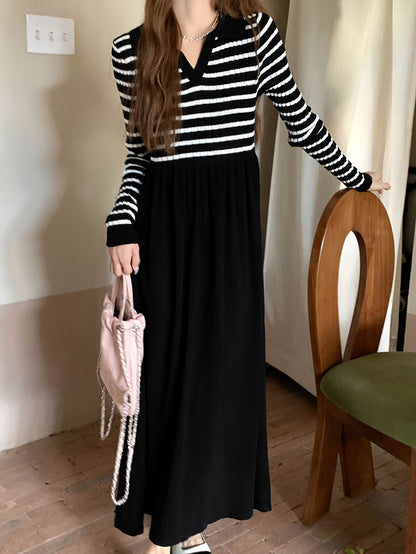 Contrast Stripe Notch Neck Knitted Dress, Casual Long Sleeve Sweater Dress, Women's Clothing