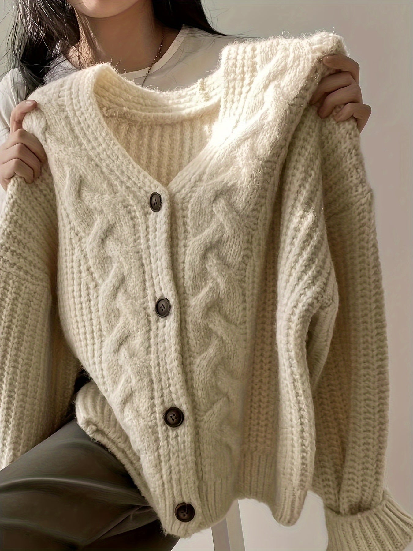 Sixsr Solid Button Down Cable Knit Cardigan, Casual Long Sleeve Loose Thick Sweater, Women's Clothing