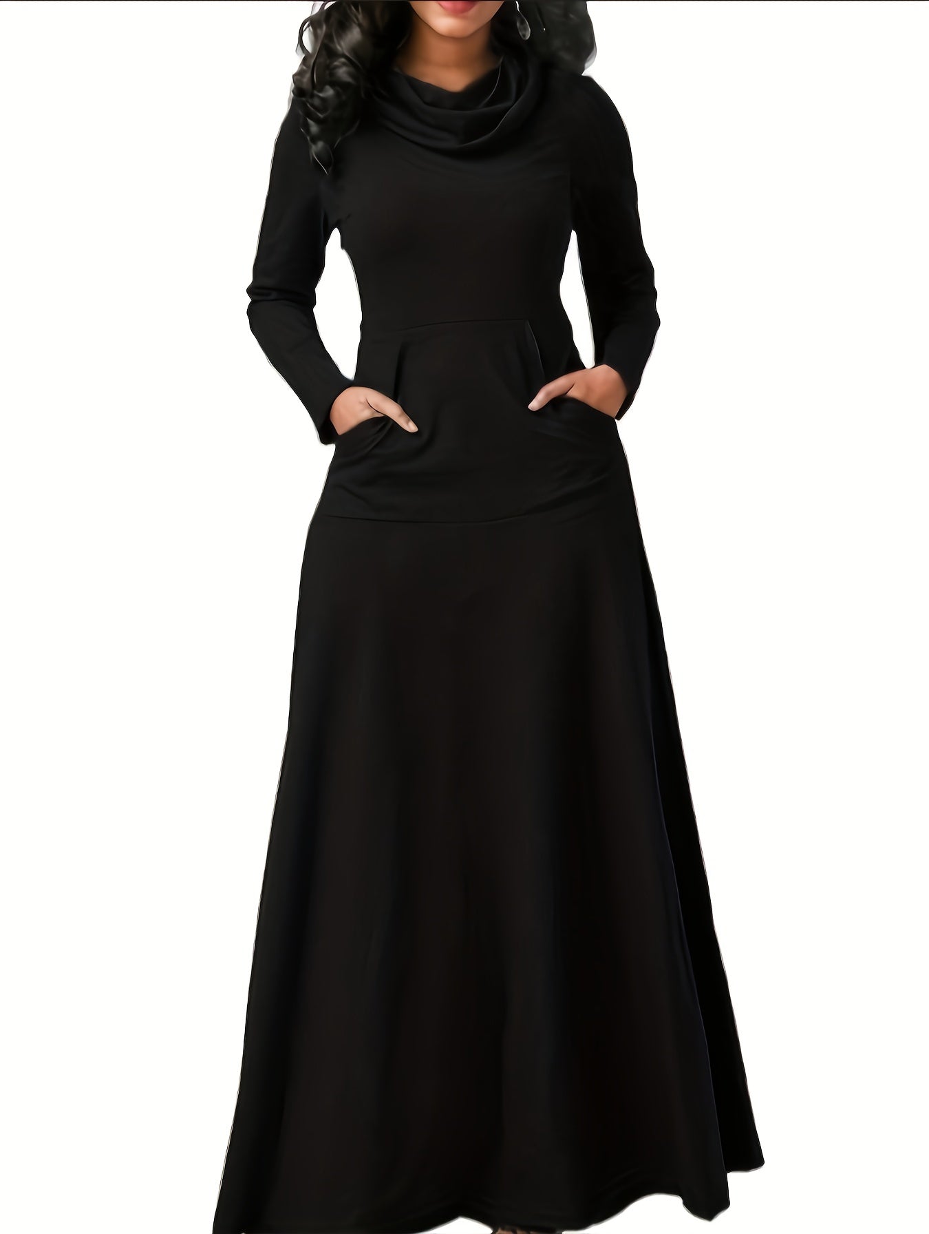 Sixsr Pile Collar Pocket Front Dress, Elegant Long Sleeve Maxi Dress, Women's Clothing