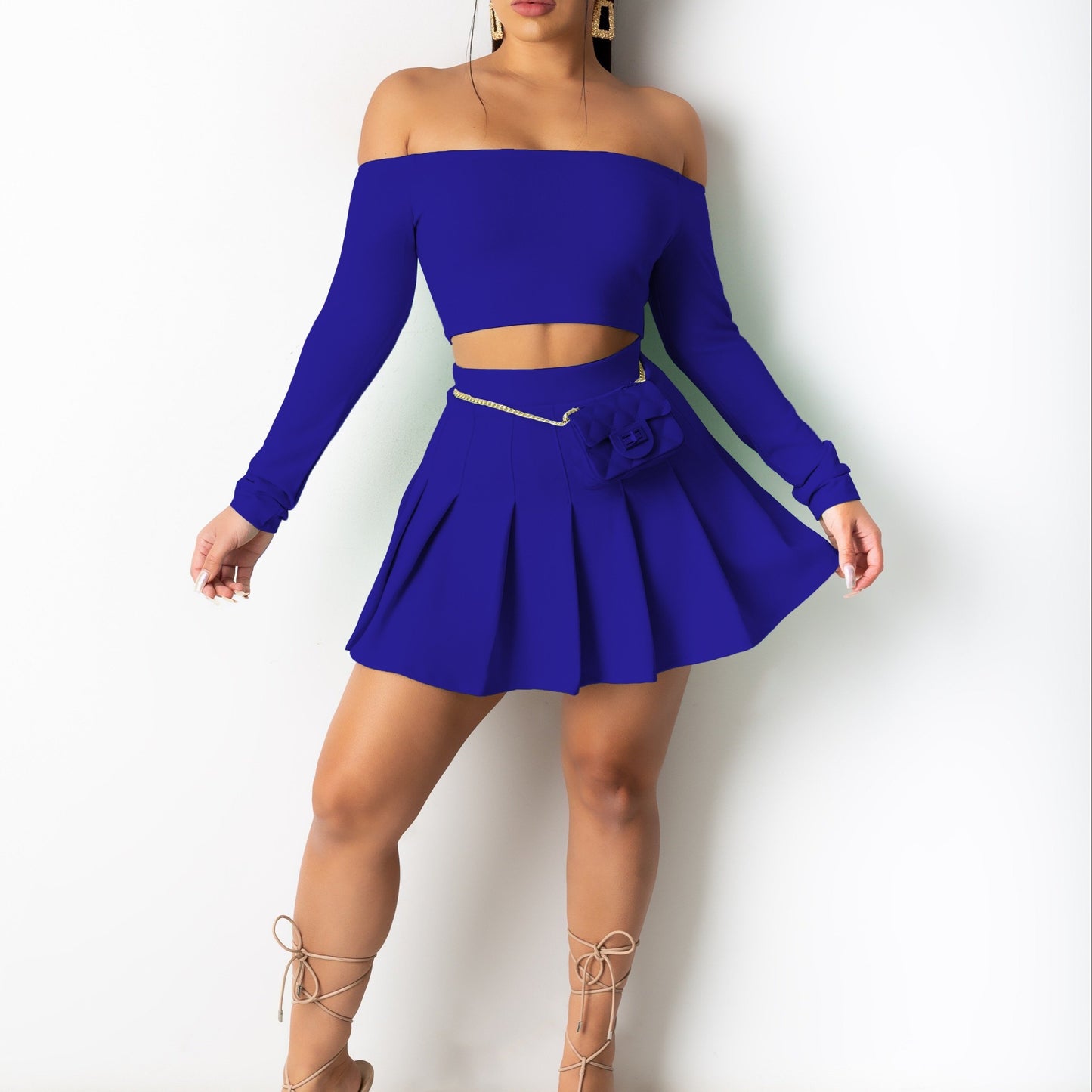 Sixsr  Solid Elegant Two-piece Set, Off Shoulder Long Sleeve Crop Top & Pleated Mini Skirt Outfits, Women's Clothing