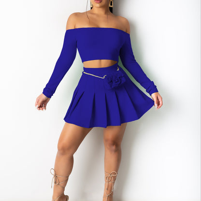Sixsr  Solid Elegant Two-piece Set, Off Shoulder Long Sleeve Crop Top & Pleated Mini Skirt Outfits, Women's Clothing