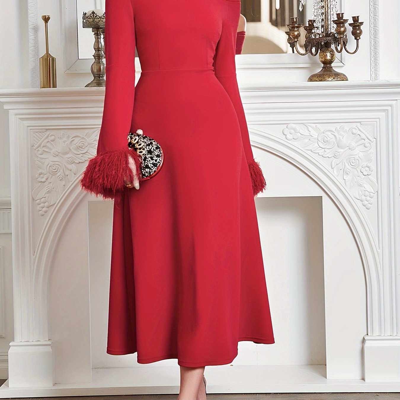 Sixsr Halter Neck Fluffy Trim Dress, Elegant Solid Long Sleeve Midi Dress, Women's Clothing