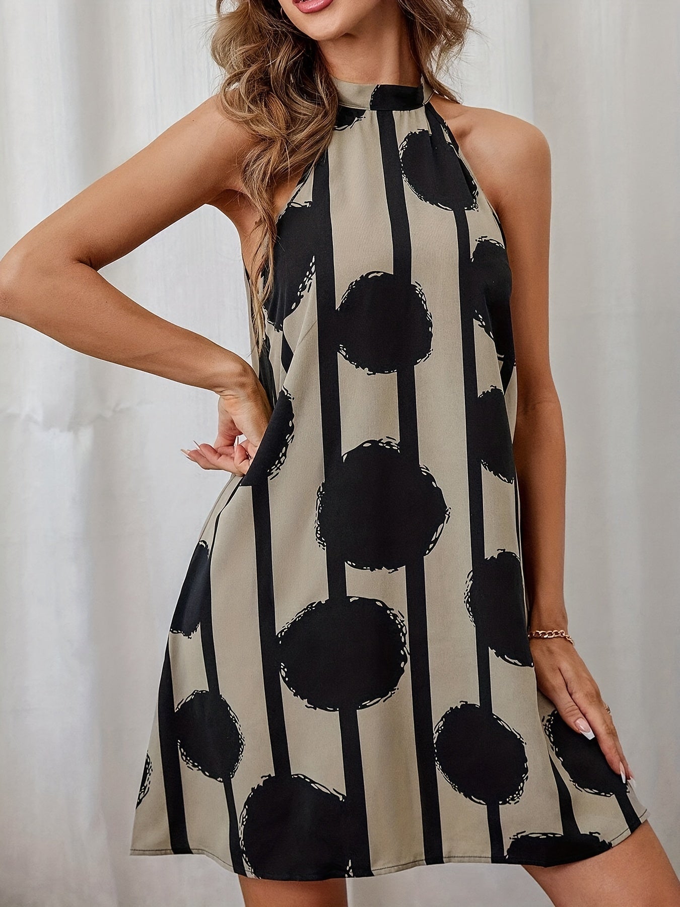 Abstract Print Tie Back Dress, Casual Sleeveless Halter Neck Dress For Spring & Summer, Women's Clothing