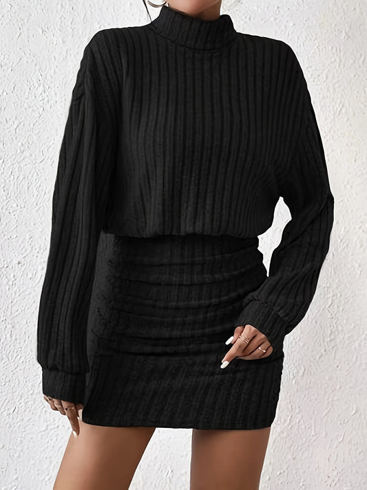 Sixsr Ribbed Knit Long Sleeve Dress, Elegant Turtle Neck Slim Ruched Dress, Women's Clothing