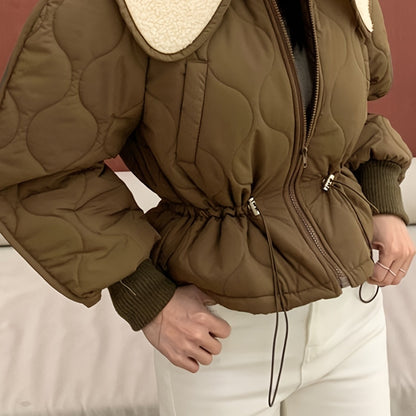 Sixsr Drawstring Zip-up Lapel Coat, Casual Thermal Long Sleeve Cinched Waist Coat , Women's Clothing