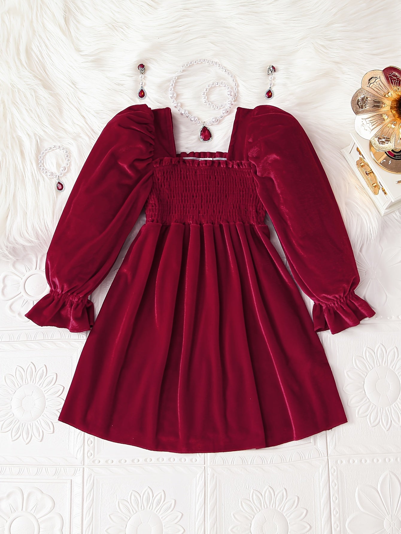 Toddler Girls Solid Square Neck Long Sleeve Dress For Spring Fall Winter Christmas Birthday Gift