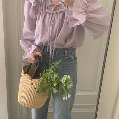 Sixsr Solid Ruffle Trim Tie Front Blouse, Sweet Long Sleeve Blouse For Spring & Fall, Women's Clothing