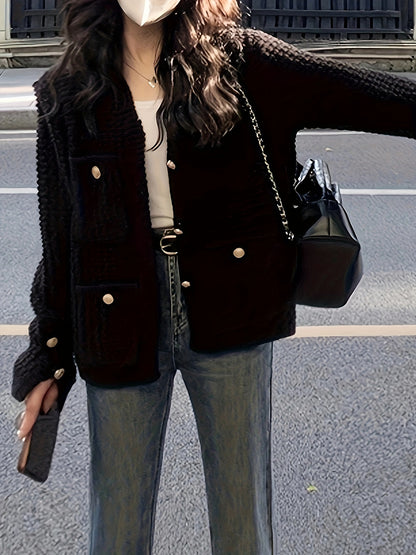 Sixsr Solid Button Down Knit Cardigan, Casual Long Sleeve Sweater Outwear With Pocket, Women's Clothing