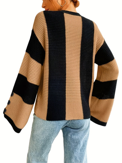 Sixsr Striped Flare Sleeve Pullover Sweater, Casual Button Decor Crew Neck Knitted Top, Women's Clothing