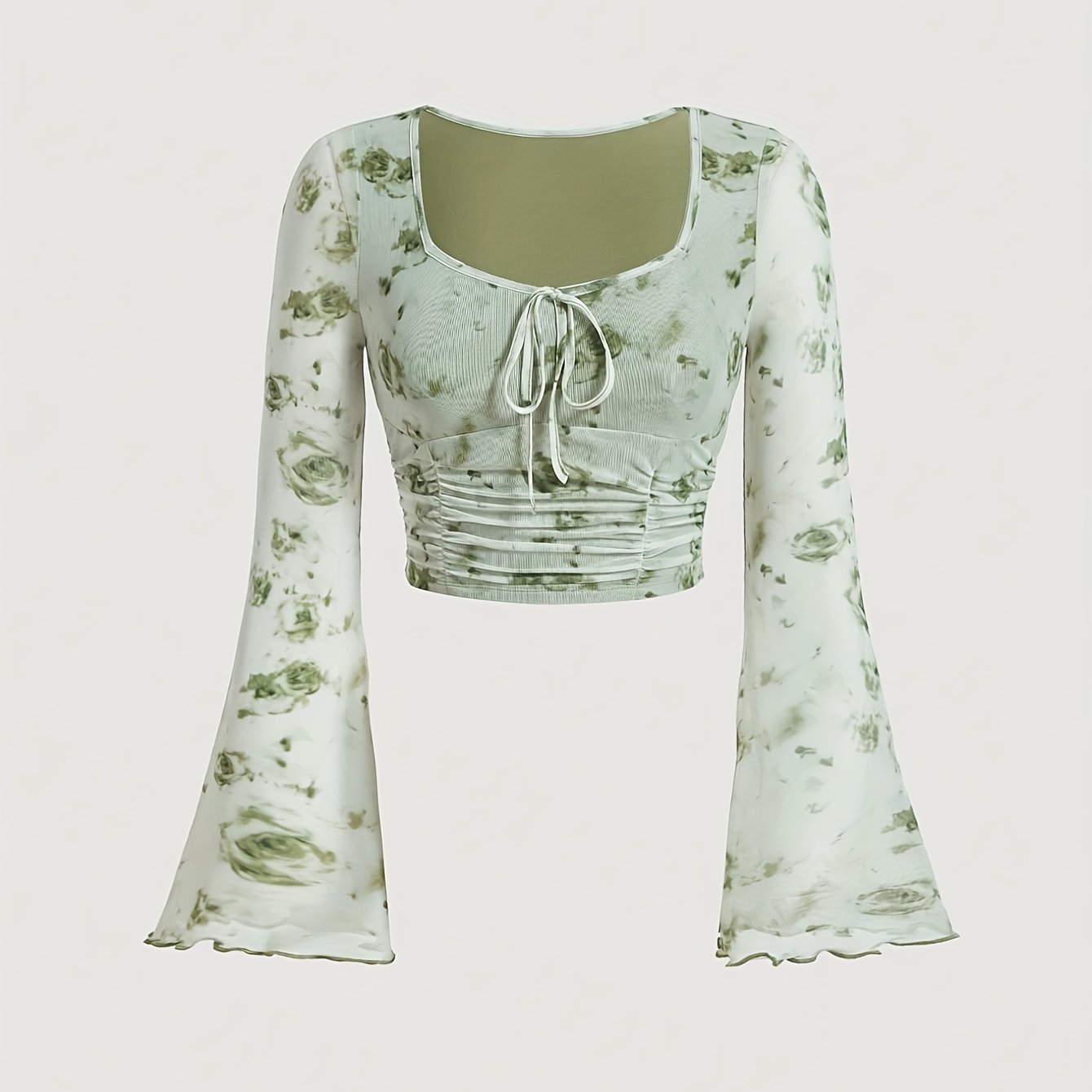 Sixsr Tie Dye Print Tie Front Ruched T-Shirt, Casual Long Flare Sleeve Top For Spring & Fall, Women's Clothing