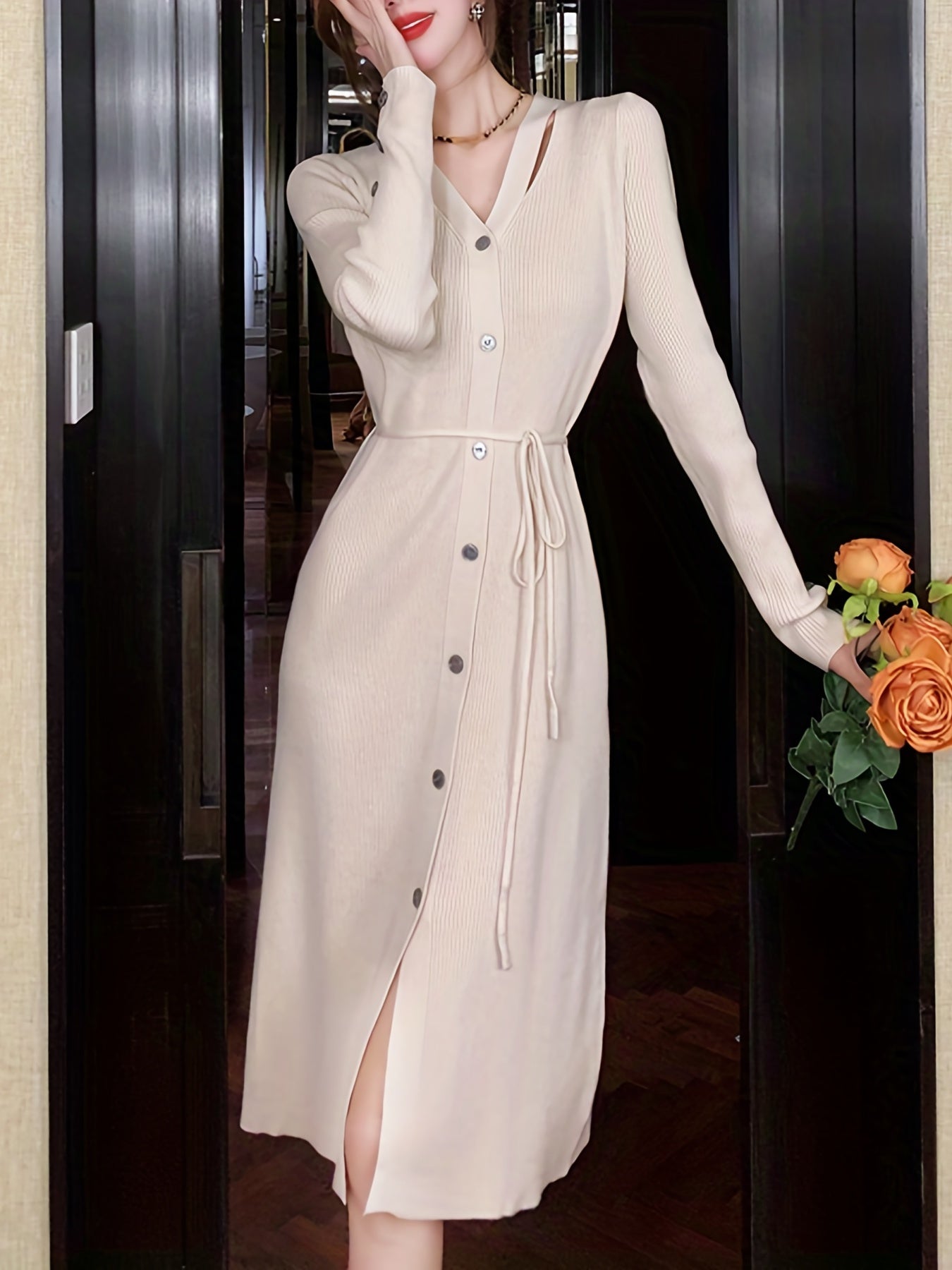 Sixsr Button Front Solid Midi Dress, Elegant V Neck Long Sleeve Dress, Women's Clothing