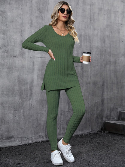 Sixsr Casual Ribbed Two-piece Set, Long Sleeve Side Split Top & Pants Outfits, Women's Clothing
