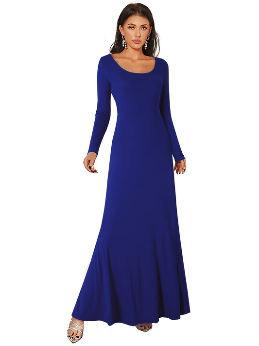 Sixsr Back Open Ankle Dress, Solid Long Sleeve Crew Neck Dress For Party, Women's Clothing