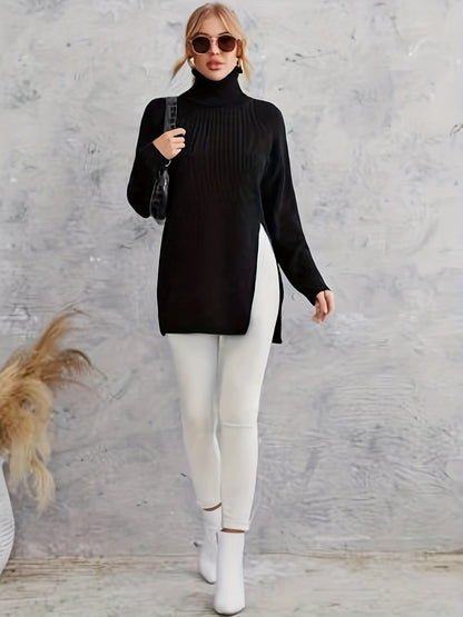 Sixsr Solid Turtle Neck Pullover Sweater, Casual Long Sleeve Split Knit Sweater, Women's Clothing