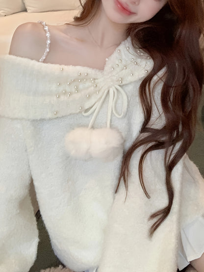 Sixsr Asymmetric Shoulder Chain Strap Sweater, Chic Long Sleeve Beaded Sweater For Fall & Winter, Women's Clothing