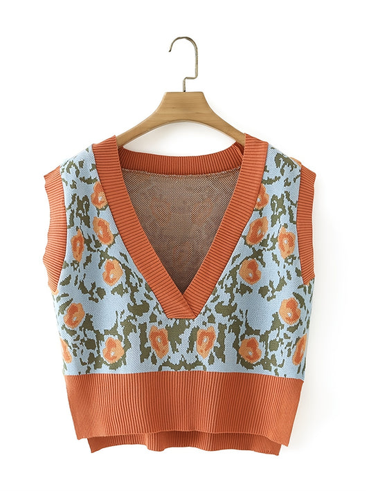 Sixsr Floral Color Block Knitted Sweater Vest, Casual V-neck Sweater Vest, Women's Clothing