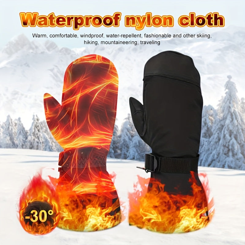Men's Waterproof Ski Mittens with Drawstring Closure, Nylon Woven Fabric, Hand Washable - Thermal Insulated Gloves for Winter Sports