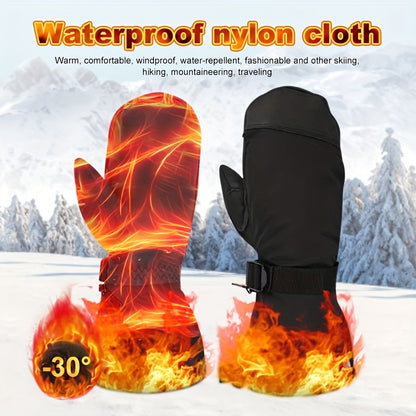 Men's Waterproof Ski Mittens with Drawstring Closure, Nylon Woven Fabric, Hand Washable - Thermal Insulated Gloves for Winter Sports