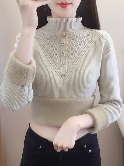 Sixsr Solid Mock Neck Fleece Sweater, Elegant Button Long Sleeve Thermal Inner Wear Sweater, Women's Clothing