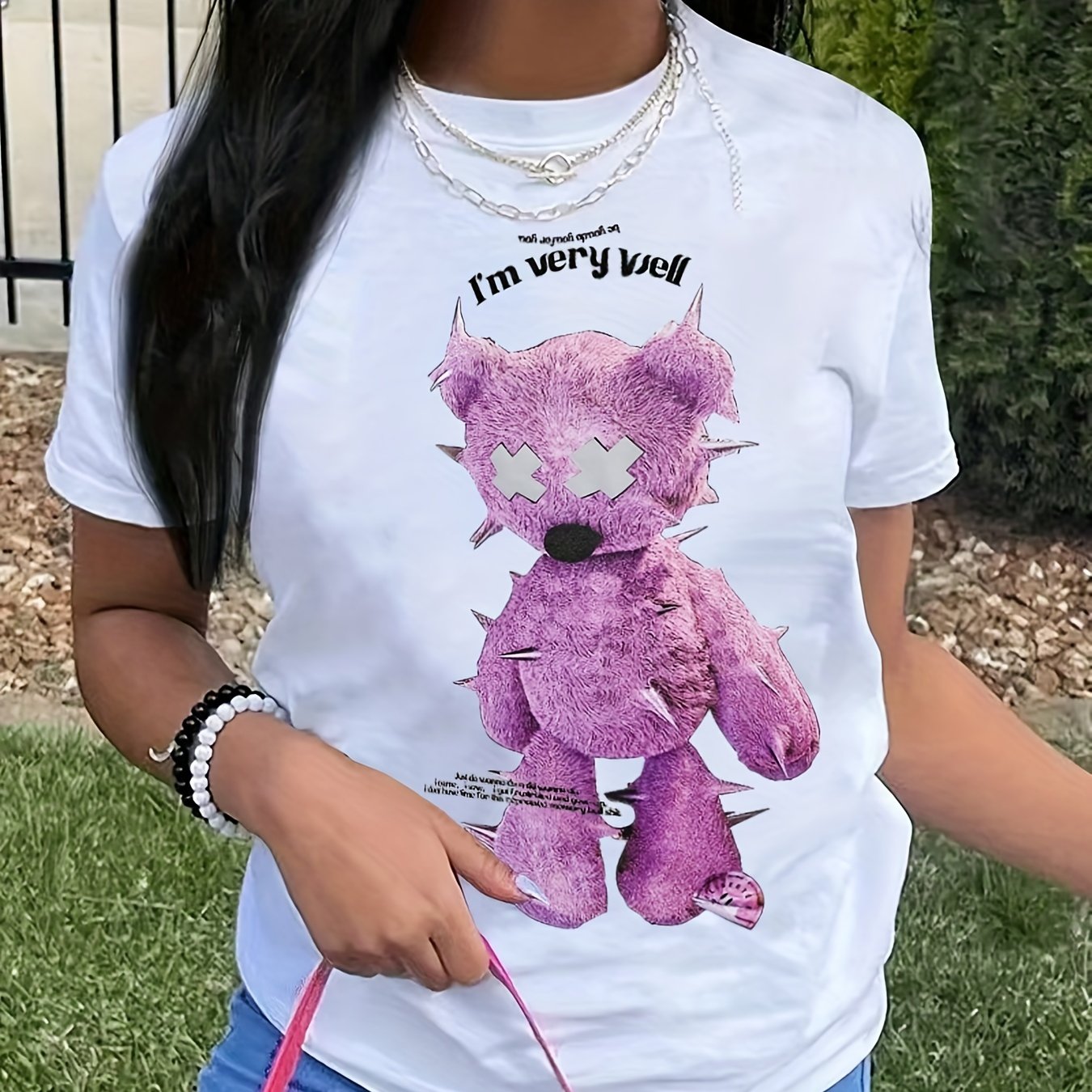 Bear Print Crew Neck T-Shirt, Casual Short Sleeve T-Shirt For Spring & Summer, Women's Clothing