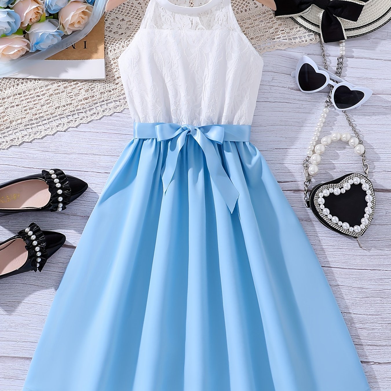 Elegant Girls Splicing Halter Neck Sleeveless Dress With Bow Belt Summer Party Gift