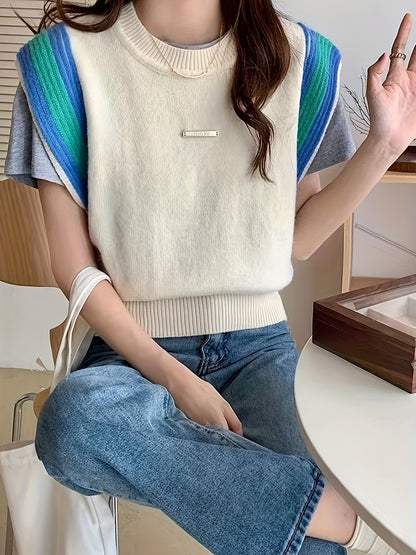 Sixsr Contrast Trim Crew Neck Tank Top, Cute Sleeveless Stripes Tank Top For Spring & Fall, Women's Clothing