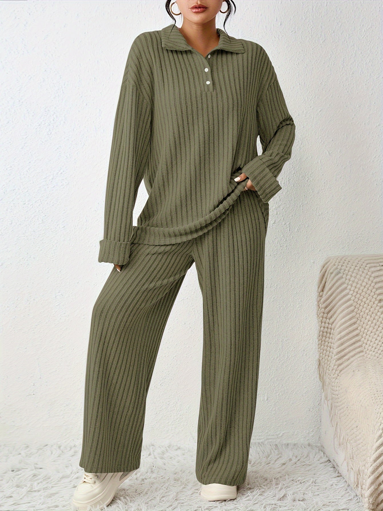 Sixsr Solid Ribbed Two-piece Set, Elegant Long Sleeve T-shirt & Wide Leg Pants Outfits, Women's Clothing