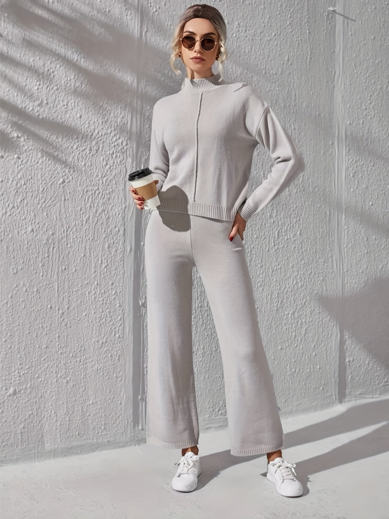 Women's two-piece Solid Casual Set - Stand Collar Long Sleeve Top & Wide Leg Pants Outfit for Comfortable & Stylish Look