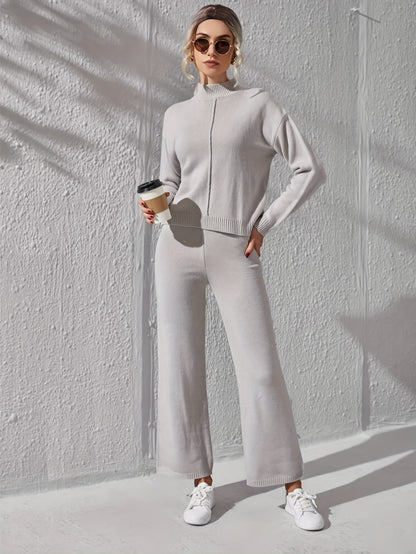 Women's two-piece Solid Casual Set - Stand Collar Long Sleeve Top & Wide Leg Pants Outfit for Comfortable & Stylish Look