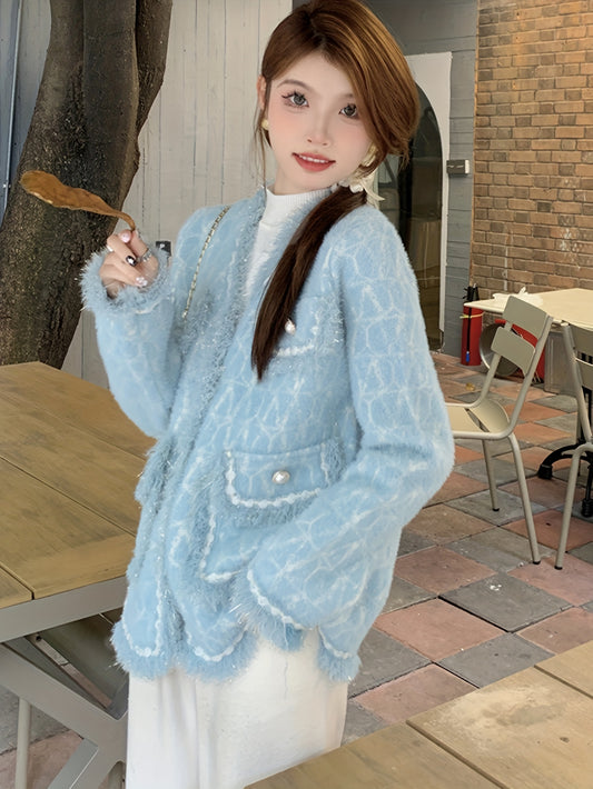 Sixsr Elegant Button Front Cardigan, Long Sleeve Contrast Trim Jacket For Fall & Winter, Women's Clothing