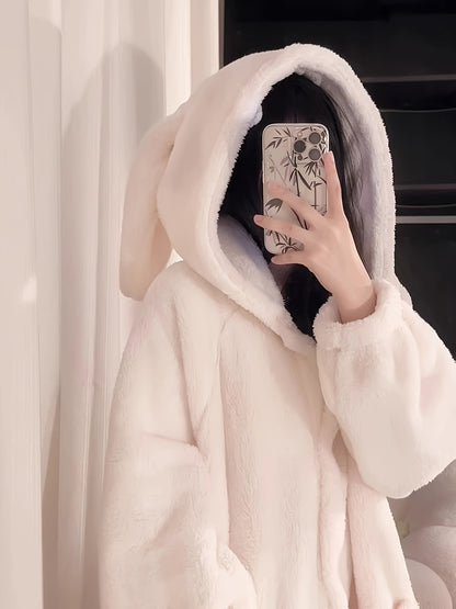 Sixsr Cute Rabbit Hooded Fleece Night Robe, Thickened Long Sleeve Button Up Robe With Pockets, Women's Sleepwear & Dresses